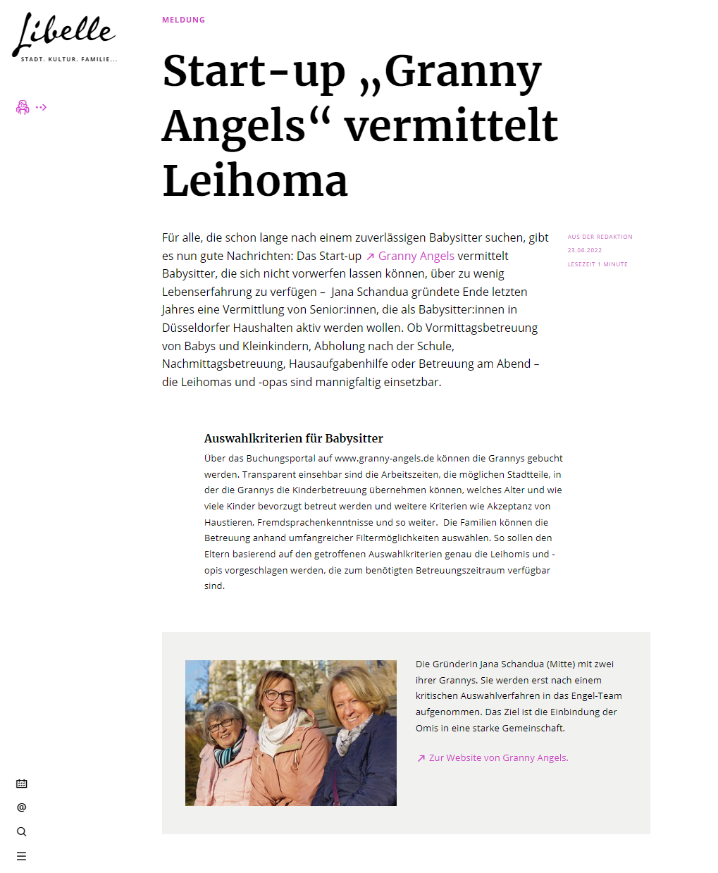 Start-Up "Granny Angels" vermittelt Leihoma - Beitrag auf WAZ.de